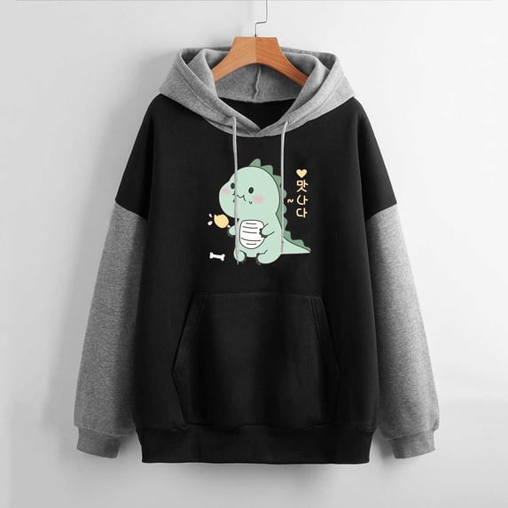 Women's Hoodies Sweatshirts Dynamic Cute Dinosaur Print Long Sleeve Hoodie for Everyday Comfort Black S