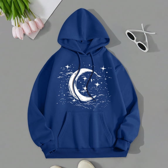 Women's Hoodies Sweatshirts Ladies Fall/Winter Casual Loose Moon Print Hoodie Blue L