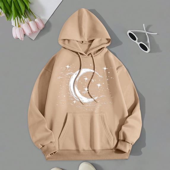 Women's Hoodies Sweatshirts Ladies Fall/Winter Casual Loose Moon Print Hoodie Brown XL