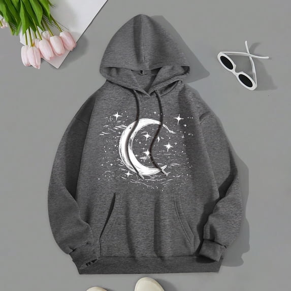Women's Hoodies Sweatshirts Ladies Fall/Winter Casual Loose Moon Print Hoodie Gray S
