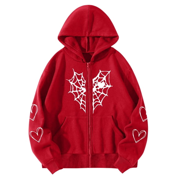 Women's Hoodies Sweatshirts Long Sleeve Zipper Thermal Hoodie with Heart Print Gothic Style Pocket Coat Women’s Cozy Top Red M