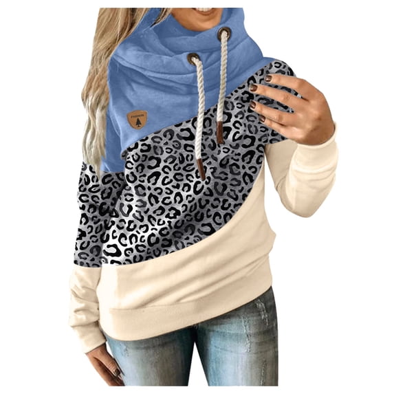 Women's Hoodies Sweatshirts Sleek Contrast Sleeve Hoodie for Casual Leopard Print Top with Long Splice and Strap Detail Blue L