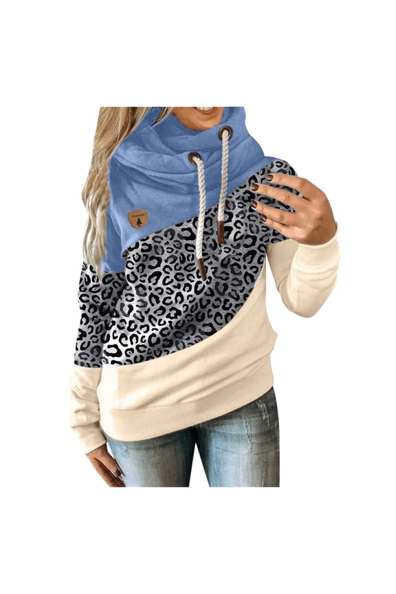 Women's Hoodies Sweatshirts Sleek Contrast Sleeve Hoodie for Casual Leopard Print Top with Long Splice and Strap Detail Blue L