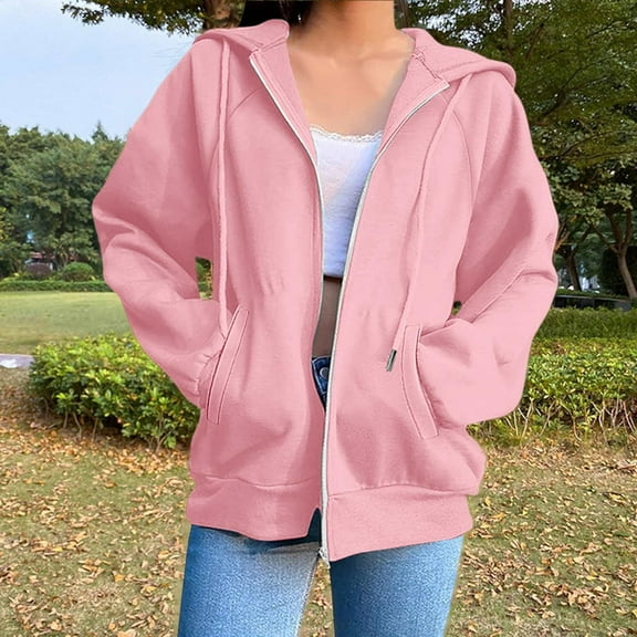 Women's Hoodies And Sweatshirts Stylish Solid Zip Up Jacket Wear Long Sleeve Coat Womens Snap Front Hooded Lady Lightweight Sweatshirt Half Sleeve Sweater Women Peach Color Womens Sweater