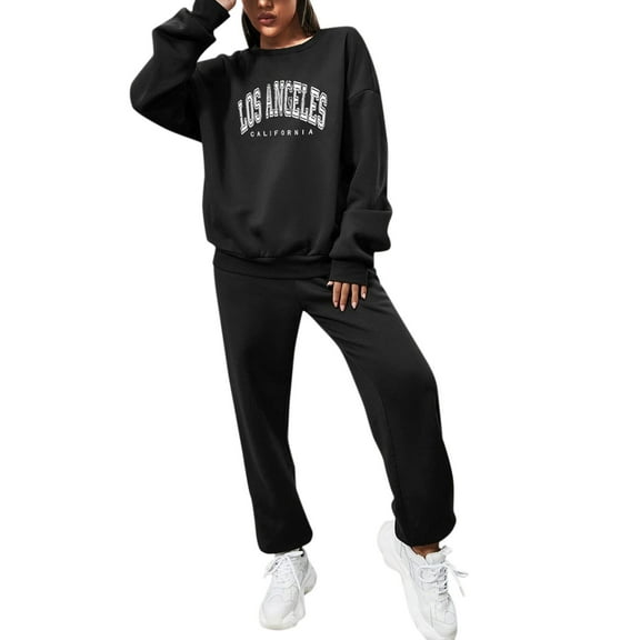 Women's Hoodies & Sweatshirts - Stylish Two-piece Suit O Neck Long-Sleeve Letter Print Warm Sweatshirt and Sweatpants Combo for Fashionable Women