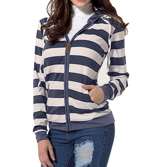 Women's Hoodies Sweatshirts Women Fashion Hooded Long Sleeve Pocket Zipper Rope Striped Hoodie Jacket Blue M
