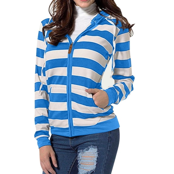 Women's Hoodies Sweatshirts Women Fashion Hooded Long Sleeve Pocket Zipper Rope Striped Hoodie Jacket Blue S