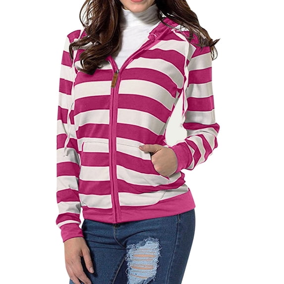 Women's Hoodies Sweatshirts Women Fashion Hooded Long Sleeve Pocket Zipper Rope Striped Hoodie Jacket Red L