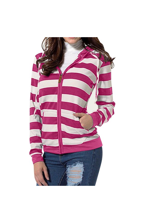Women's Hoodies Sweatshirts Women Fashion Hooded Long Sleeve Pocket Zipper Rope Striped Hoodie Jacket Red S