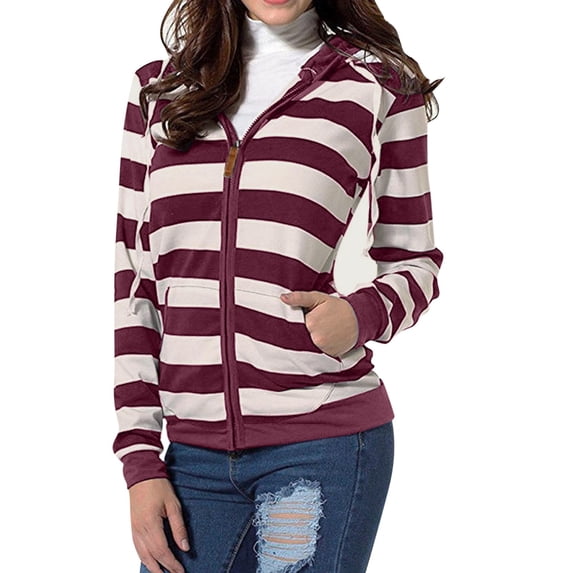Women's Hoodies Sweatshirts Women Fashion Hooded Long Sleeve Pocket Zipper Rope Striped Hoodie Jacket Red XL