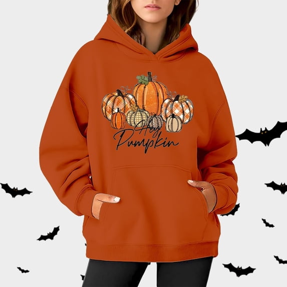 Women's Hoodies Sweatshirts Women Halloween Sweatshirt Pumpkin Print Long Sleeve Casual Pocket Pullover Hoodie Orange XL