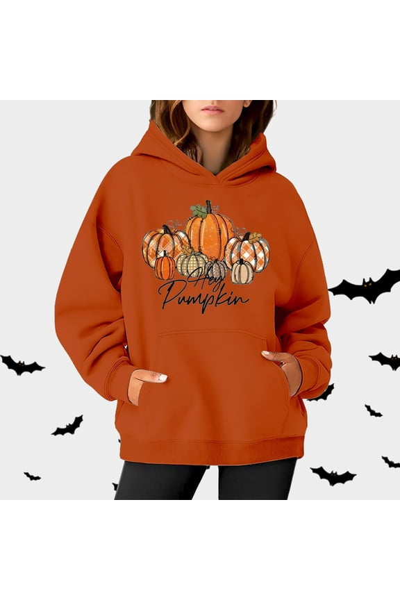 Women's Hoodies Sweatshirts Women Halloween Sweatshirt Pumpkin Print Long Sleeve Casual Pocket Pullover Hoodie Orange XXL