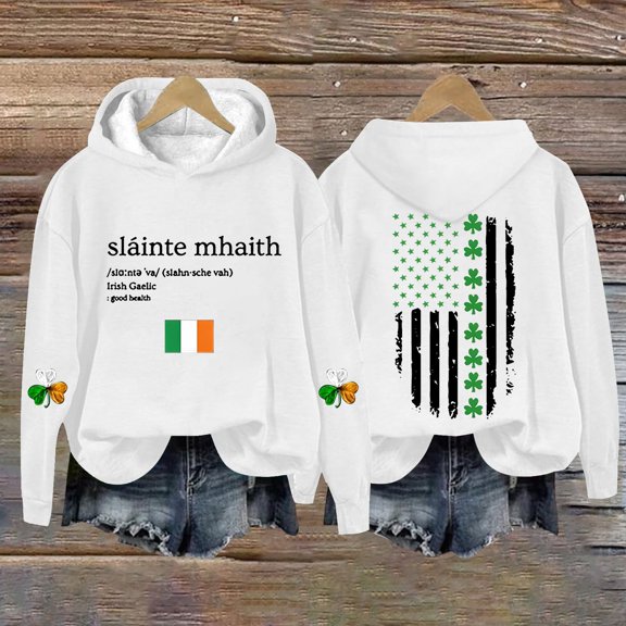 Women's Hoodies & Sweatshirts Women'S Long Sleeved St. Day Printed American Flag Hooded Top, Women's Hoodies & Sweatshirts