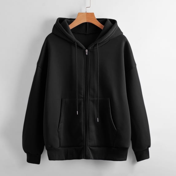 Women's Hoodies Sweatshirts Women's Comfortable Solid Color Long Sleeve Coat Versatile Zipper Cardigan Casual Comfortable Loose Sweater Black M