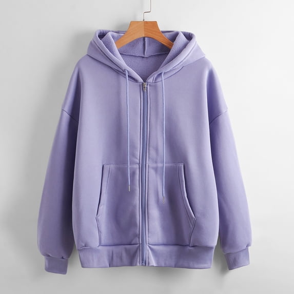Women's Hoodies Sweatshirts Women's Comfortable Solid Color Long Sleeve Coat Versatile Zipper Cardigan Casual Comfortable Loose Sweater Purple L