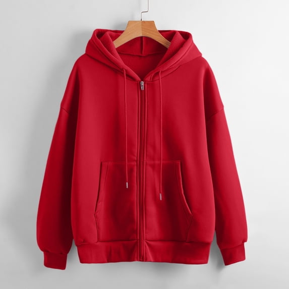 Women's Hoodies Sweatshirts Women's Comfortable Solid Color Long Sleeve Coat Versatile Zipper Cardigan Casual Comfortable Loose Sweater Red L