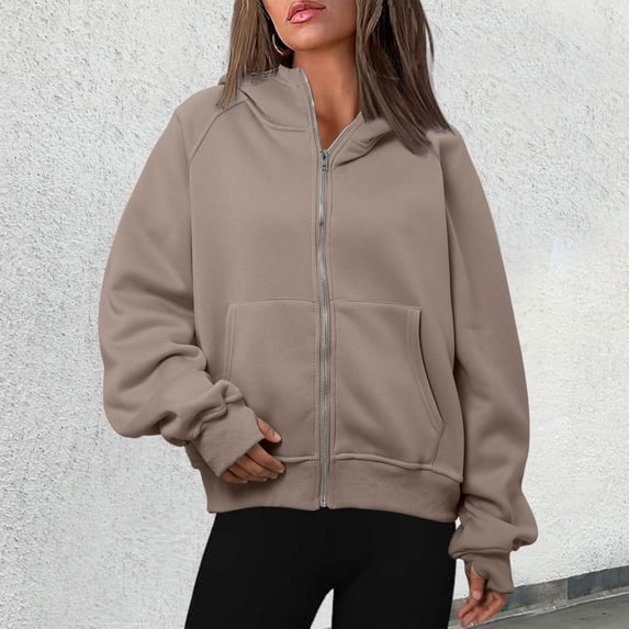 Women's Hoodies Sweatshirts Women's Loose Coat Hooded Cardigan Zipper Hoodie Brown L