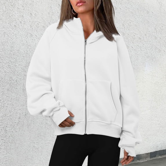 Women's Hoodies Sweatshirts Women's Loose Coat Hooded Cardigan Zipper Hoodie White M