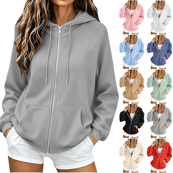 Women's Hoodies Sweatshirts Zip Up Casual Solid Sweat shirtsOversized Drawstring Hooded with Pockets Winter Clothing
