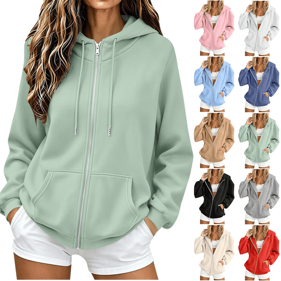 Women's Hoodies Sweatshirts Zip Up Casual Solid Sweat shirtsOversized Drawstring Hooded with Pockets Winter Clothing