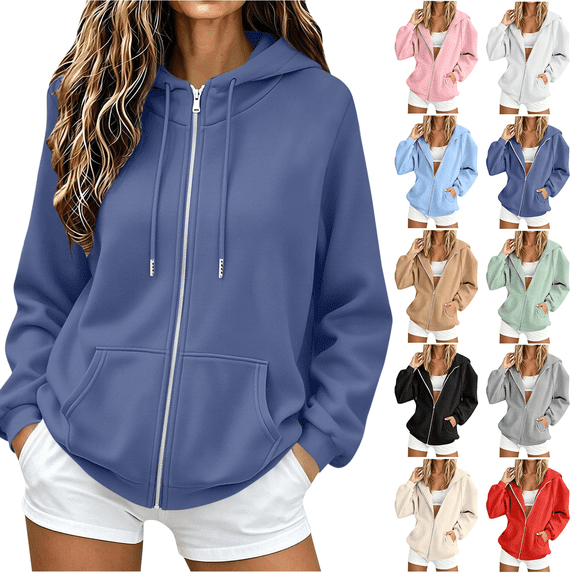 Women's Hoodies Sweatshirts Zip Up Casual Solid Sweat shirtsOversized Drawstring Hooded with Pockets Winter Clothing
