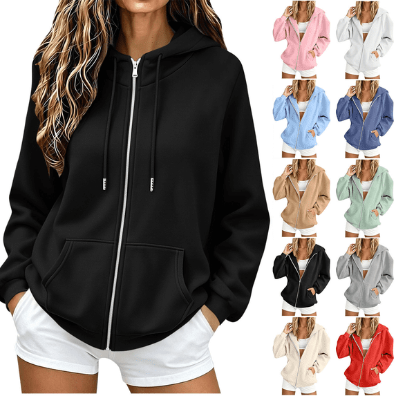 Women's Hoodies Sweatshirts Zip Up Casual Solid Sweat shirtsOversized Drawstring Hooded with Pockets Winter Clothing