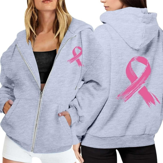 Women's Hoodies Vintage Pullover Hoodie Streetwear Style Women's Zip Up Hoodie Pullover Cancer Awareness Month Long Sleeve Pocket Drawstring Casual Sweatshirt For Everyday Wear