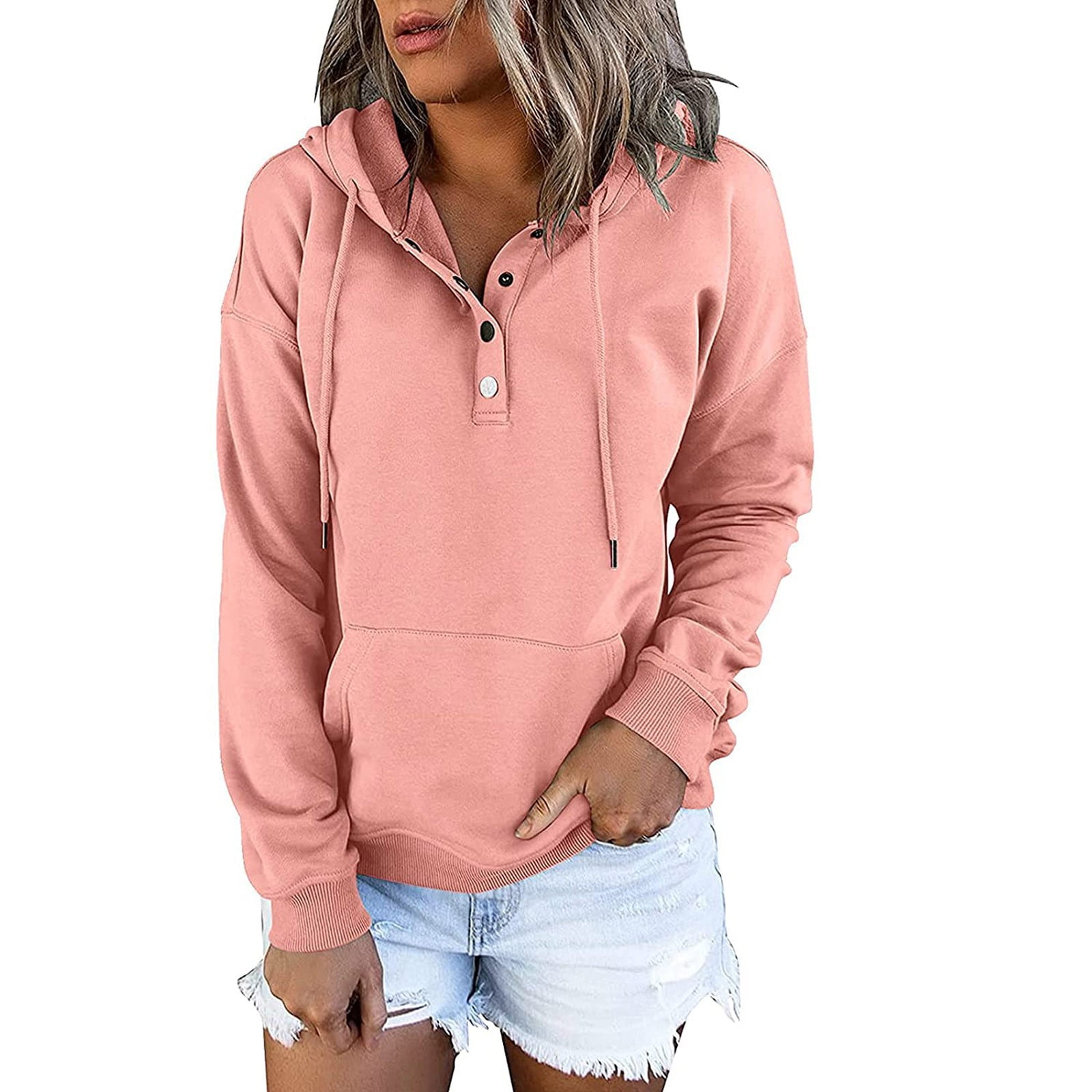Women's Hoodies with Thumb Holes,Hoodies for Women Long Sleeve Button up  Drawstring Hooded Sweatshirts Casual Solid Color Kangaroo Pocket Pullover 