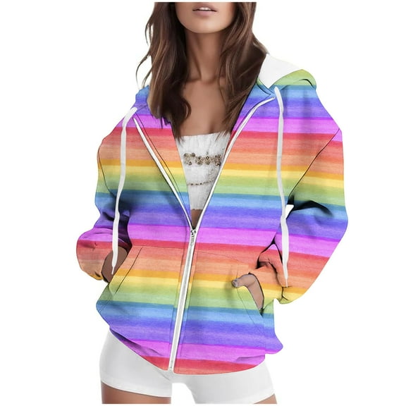 Women's Multicolor Striped Front Zip Hoodie Long Sleeve Casual Zip Up Top with Pockets for Everyday Comfort