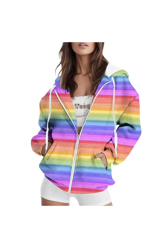 Women's Multicolor Striped Front Zip Hoodie Long Sleeve Casual Zip Up Top with Pockets for Everyday Comfort