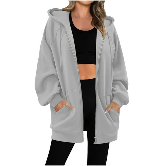 Women's Hoodies with Zippers and Pockets Drawstring Winter Warm Casual Long Sleeve Hooded Solid Color Sweatshirt Coat