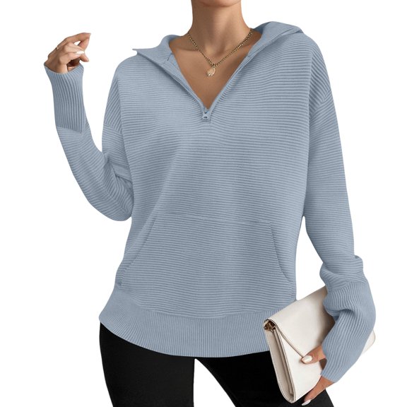 Women's Hoodless Sweatshirt Autumn And Winter Solid Color Strip Semi Zipper Stand Collar Hoodless Sweater,Blue Women's Hoodless Sweatshirt M