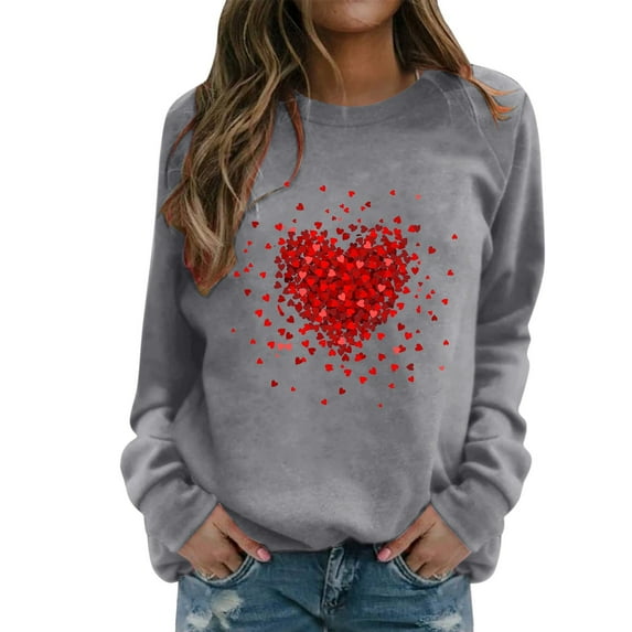Women's Hoodless Sweatshirt Clothing Valentine's Day Women's Sweatshirt Crew Neck Red Heart Print Long Sleeve Casual Tops