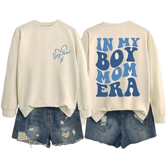 Women's Hoodless Sweatshirt "IN MY BOY MOM ERA" Graphic Print Crew Neck Long Sleeve Pullover Casual Fall Winter Top for Women Sizes S-XXL