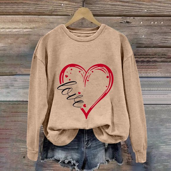 Women's Hoodless Sweatshirt Love Women'S Love Printed Round Neck Long Sleeve Top, Women's Hoodless Sweatshirt