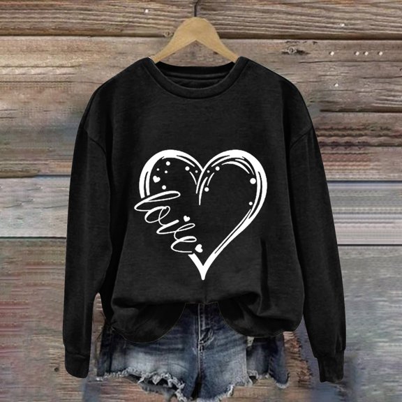 Women's Hoodless Sweatshirt Love Women'S Love Printed Round Neck Long Sleeve Top, Women's Hoodless Sweatshirt