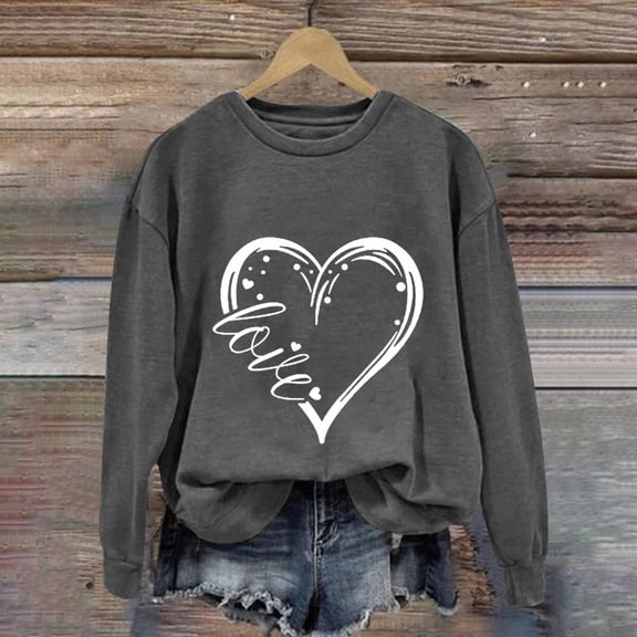 Women's Hoodless Sweatshirt Love Women'S Love Printed Round Neck Long Sleeve Top, Women's Hoodless Sweatshirt