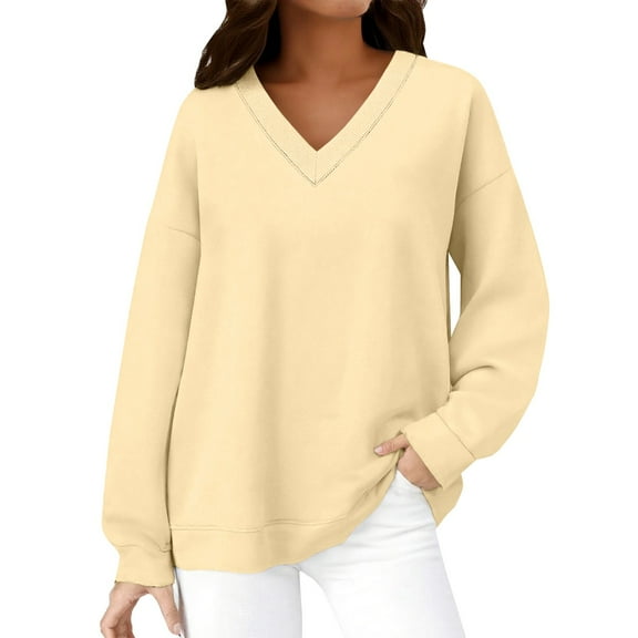 Women's Hoodless Sweatshirt Oversized Sweatshirt For Women V Neck Fleece Long Sleeve Pullover Casual Cute Sweatshirt 2025 Fall Clothes, Women's Hoodless Sweatshirt M