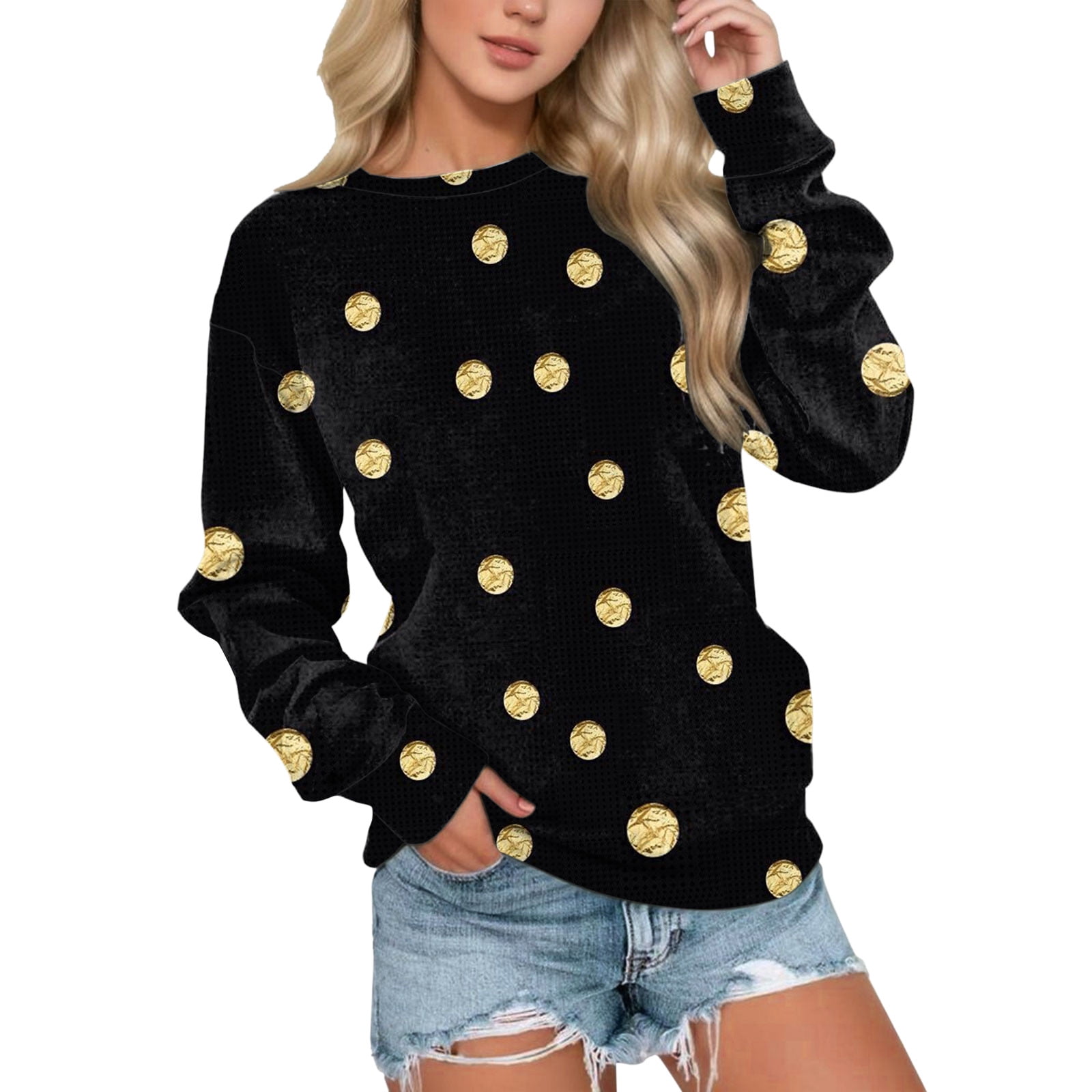 Women's Hoodless Sweatshirt Polka Dot Print Long Sleeve Round Neck