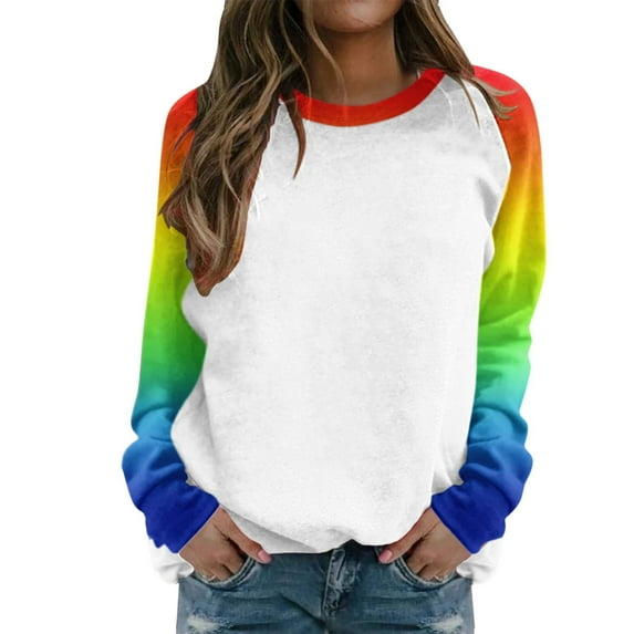 Women's Hoodless Sweatshirt Women Raglan Crewneck Tops Gradient Solid Print Sweatshirts Long Sleeve Color Block Pullover Cute Clothing