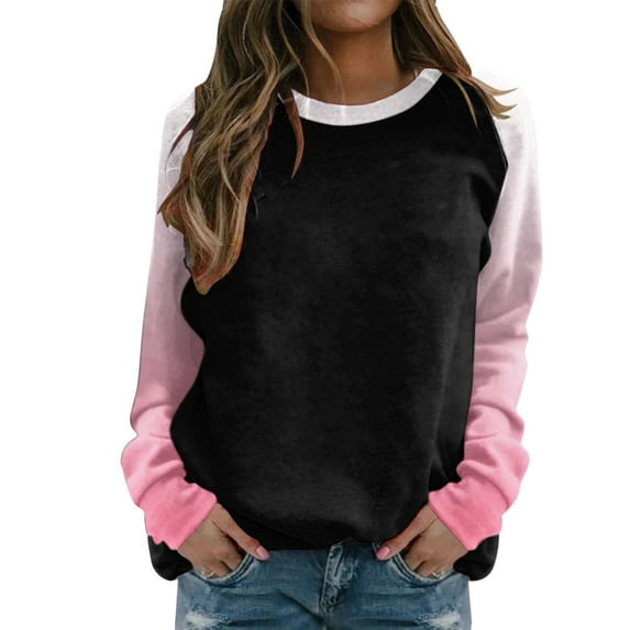 Women's Hoodless Sweatshirt Women Raglan Crewneck Tops Gradient Solid Print Sweatshirts Long Sleeve Color Block Pullover Cute Clothing