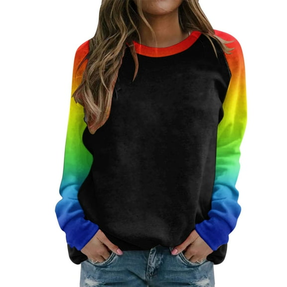 Women's Hoodless Sweatshirt Women Raglan Crewneck Tops Gradient Solid Print Sweatshirts Long Sleeve Color Block Pullover Cute Clothing