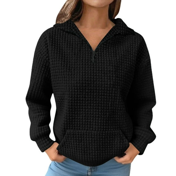 Women's Hoodless Sweatshirt Women'S Autumn And Winter Solid Color Long Sleeved Lapel Half Zip Pocket, Women's Hoodless Sweatshirt M