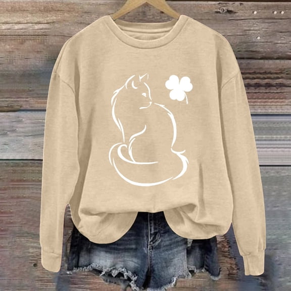 Women's Hoodless Sweatshirt Women'S Cat Head Print Round Neck Long Sleeve Top, Women's Hoodless Sweatshirt