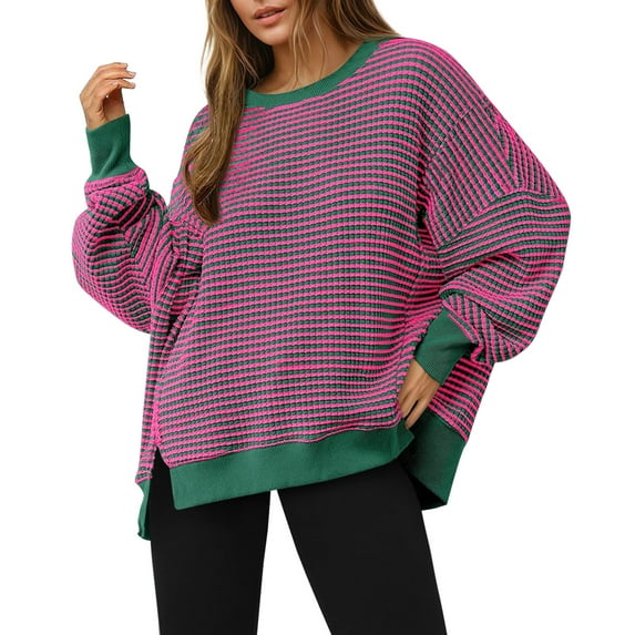 Women's Hoodless Sweatshirt Women'S Oversized Sweatshirt Knit Striped Long Sleeve Crewneck Casual Loose Pullover Tops Khaki, Women's Hoodless Sweatshirt XXL