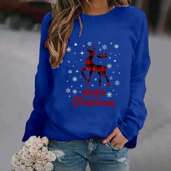 Women's Hoodless Sweatshirt Women'S Round Neck Long Sleeved Deer Merry Christmas Printed Hoodie,Blue Women's Hoodless Sweatshirt L