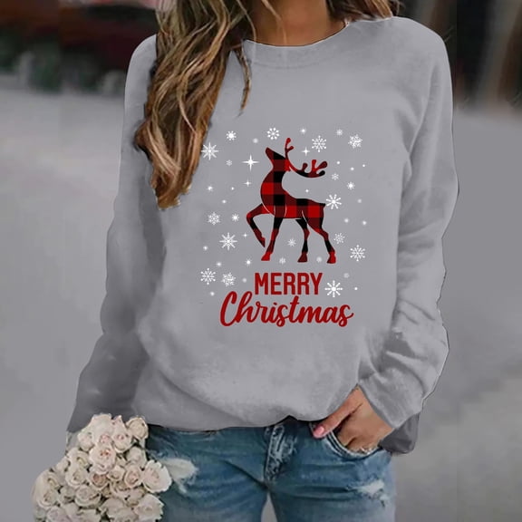 Women's Hoodless Sweatshirt Women'S Round Neck Long Sleeved Deer Merry Christmas Printed Hoodie,Gray Women's Hoodless Sweatshirt M