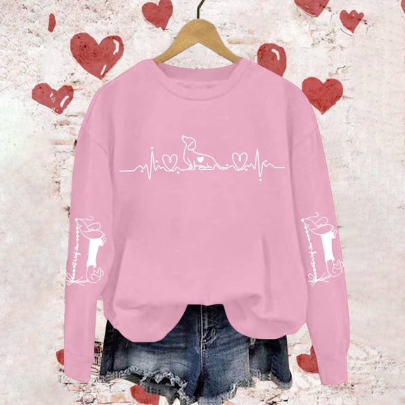 Women's Hoodless Sweatshirt Women'S Valentine'S Day Dachhund Print Sweatshirt, Women's Hoodless Sweatshirt