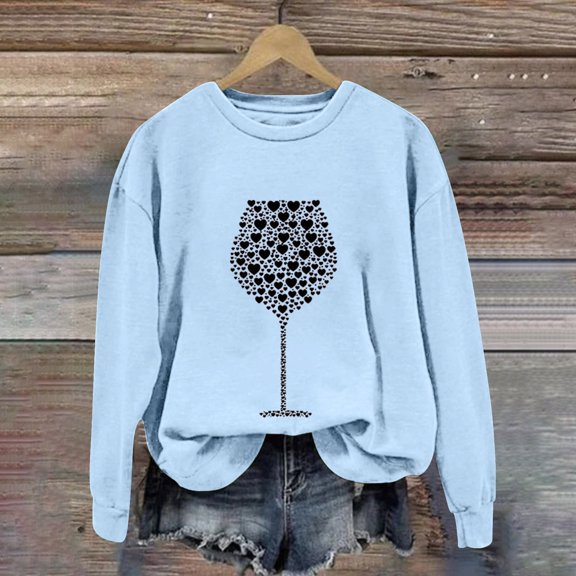 Women's Hoodless Sweatshirt Women'S Wine Glass Print Round Neck Long Sleeve Top, Women's Hoodless Sweatshirt