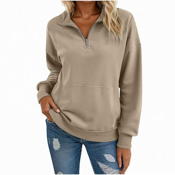Women's Hoodless Sweatshirt Women Solid V Neck Long Sleeve Zippered Pocket Sweatshirt for Everyday and Wear